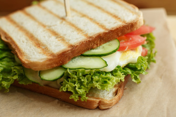 Closeup juicy sandwich with bacon, fresh vegetables, green salad and dark lines after grill