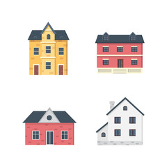suburban private houses. House exterior. Vector urban building icons set.