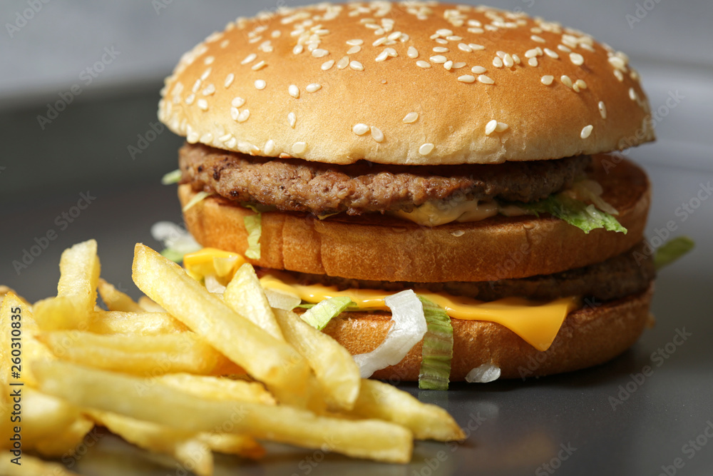 Wall mural close-up of a delicious fresh hamburger with lettuce, cheese and onions and fries on a dark backgrou