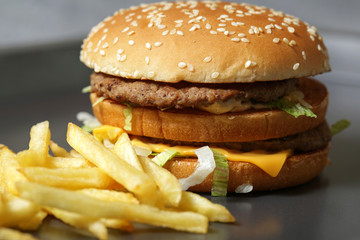 Close-up of a delicious fresh hamburger with lettuce, cheese and onions and fries on a dark background