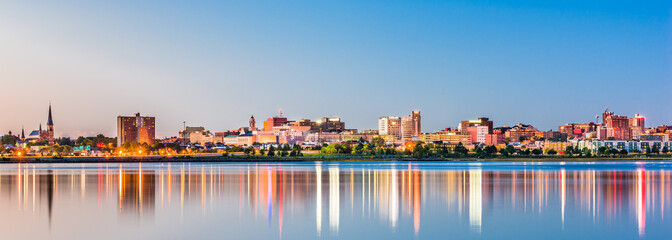 Portland, Maine, USA downtown skyline from Back Cove at dawn.