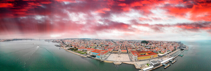 Lisbon, Portugal. Aerial view of Commerce Square and city skyline