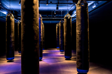 lots of black punching bags hanging in the gym