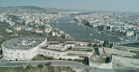 Panoramic aerial view of Budapest Citadel and city skyline, Hungary