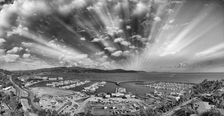 Panoramic aerial view of Airlie Beach skyline and Marina, Australia