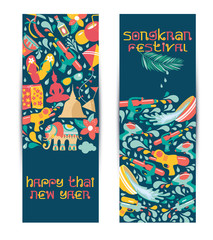 Songkran festival, Thailand New Year, Illustration of cute iconc celebrating. Flat design banners on blue.