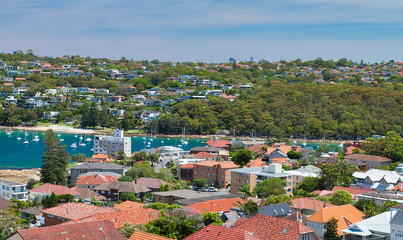 Panoramic aerial view of Manly Beach skyline on a sunny day, Australia