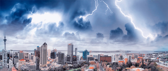 Auckland, New Zealand. Panoramic aerial view at sunset during a storm