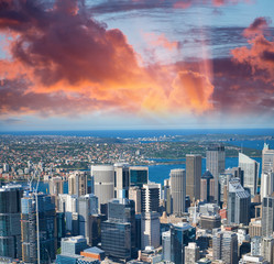 Sunset aerial view of Sydney skyline with Barangaroo and CBD