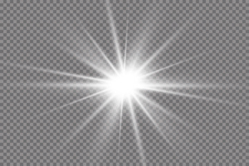 White glowing light explodes on a transparent background. with ray.  Transparent shining sun, bright flash.  Special lens flare light effect.