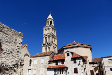 Historical architecture and landmark Saint Domnius church and bell tower in Split, Croatia. Split is popular summer travel destination and UNESCO World Heritage Site.