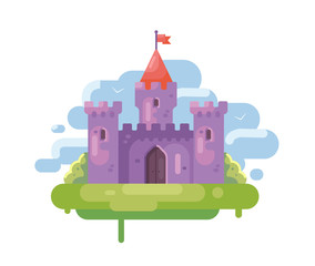 vector illustration of a castle on green grass and blue sky. fabulous structure. flat illustration