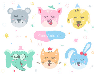 Cute animals set. Kids doodles postcard. Color illustration