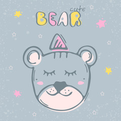 Cute animals set. Cute bear. Kids doodles postcard. Color illustration
