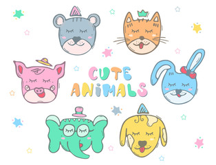 Cute color animals set with outline. Color illustration