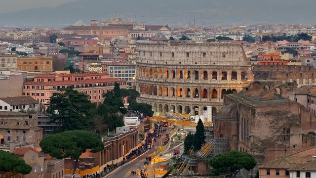 View of Colosseum, shot from Terrazza delle Quadrighe in Rome, Italy.