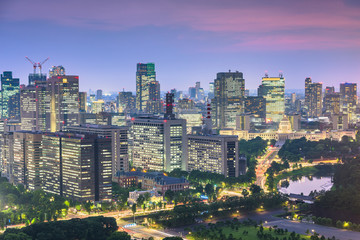 Tokyo, Japan cityscape over Chiyoda Ward with the National Diet Building at twilight.