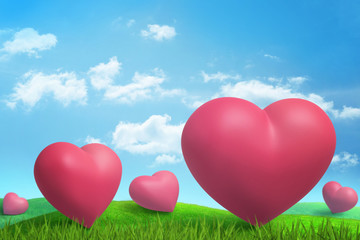 Obraz na płótnie Canvas 3d rendering of five big pink hearts on green sunlit meadow under blue sky with white clouds.
