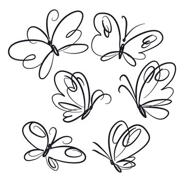 Butterflies hand drawn line art illustrations set