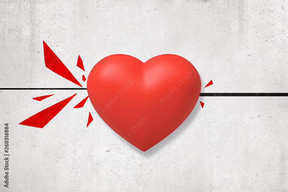 Poster 3d rendering of red speared heart with red broken fragments on white wall background