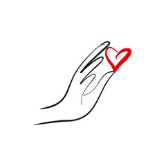 Hand holding heart hand drawn line art illustration