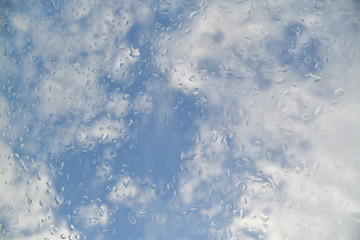 water drops on the glass against the background of clouds
