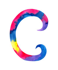 Hand painted watercolor english letter C whit gentel pink, blue, purple and yellow splashes