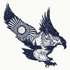 Fototapeta premium Eagle double exposure tattoo and t-shirt design. Flying hawk, mountains and compass. Symbol of the wild nature, travel, outdoor and freedom