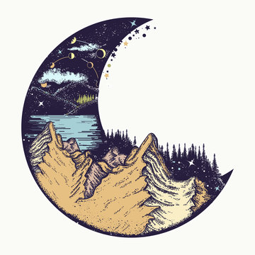 Moon and mountains color tattoo and t-shirt design. Infinite space, meditation symbols, travel and outdoor tourism