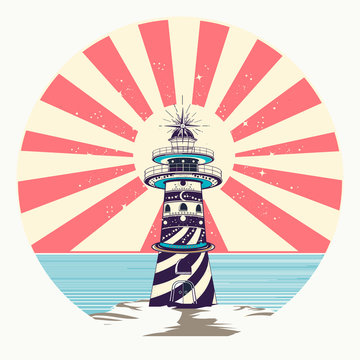 Lighthouse color tattoo and t-shirt design. Symbol of meditation, hiking, adventures