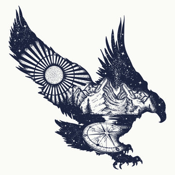 Eagle double exposure tattoo and t-shirt design. Flying hawk, mountains and compass. Symbol of the wild nature, travel, outdoor and freedom