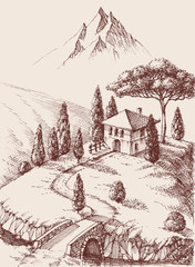 Alpine farm hand drawing. Mountains in the background and a river surrounding the property