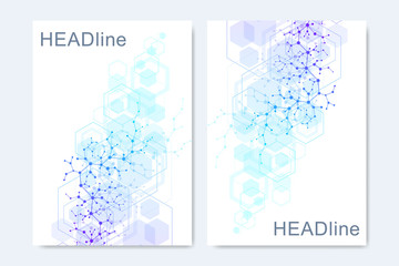 Business vector templates for brochure, cover, banner, flyer, annual report, leaflet. Abstract composition with molecule structure, dots, lines. Wave flow. Science, medicine, technology background