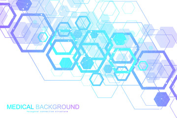 Scientific molecule background for medicine, science, technology, chemistry. Waves flow. Wallpaper or banner with DNA molecules structure, dots, lines. Vector geometric dynamic illustration