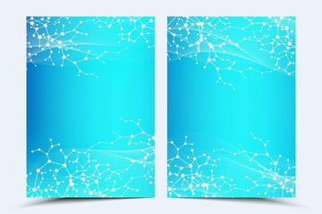 Business vector templates for brochure, cover, banner, flyer, annual report, leaflet. Abstract composition with molecule structure, dots, lines. Wave flow. Science, medicine, technology background