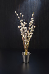 A bouquet of fluffy willow branches (Salix gracilistyla) in the metal-bucket cup