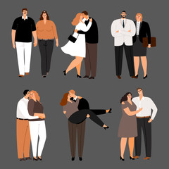 In love couples, plus size women and men vector set. Illustration of couple man and woman, people husband and wife