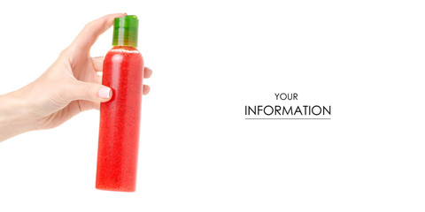 Bottle scrub in hand beauty pattern on white background isolation