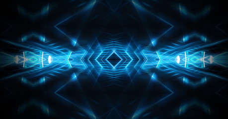 Tunnel in blue neon light, underground passage. Abstract blue background. Background of an empty black corridor with neon light. Abstract background with lines and glow
