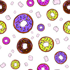 set of colorful donuts and pink marshmellow