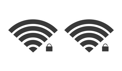 Wifi icon with lock open and with lock closed. Internet connection. Black and white colors.