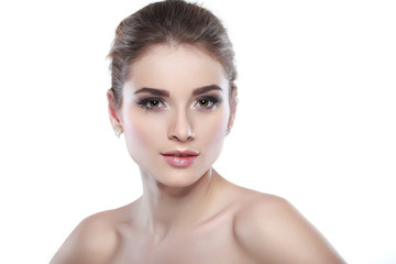 Closeup portrait of sexy whiteheaded young woman with beautiful blue eyes isolated on a white background, emotions, cosmetics