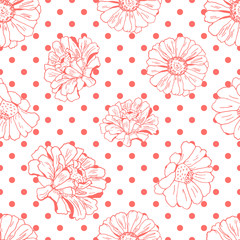 Seamless pattern with flowers (zinnia, camomile, daisy), circles for textile, bedlinen, pillow, undergarment, wallpaper, packing paper. Polka dots, spotted design. Living coral color on white.