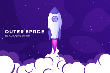 Space futuristic modern colorful background with rocket. Starship, spaceship in night sky. Solar system, galaxy and universe exploration. Vector illustration.
