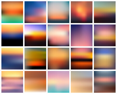 Set of vector gradient sunset. Beautiful colorful abstract sunrise background