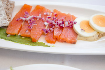 marinated salmon with boiled egg and avocado