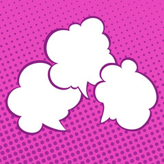 Three Speech Bubbles on Pink Neon Background with Dots , Conversation in Retro Style on Pop Art Background, Vector Illustration