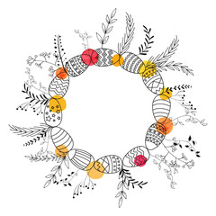 Easter wreath with ornamental eggs, leaves and colorful watercolor dots. Hand drawn style vector illustration.