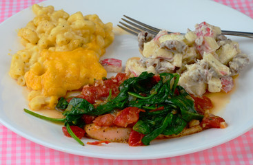 Spinach and tomato sauce  over salmon and served with macaroni and cheese and apple salad.