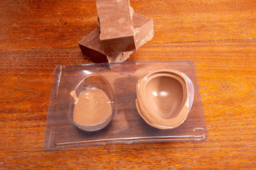 Homemade Easter egg factory. Making eggshell from easter egg with melted chocolate and a shape.